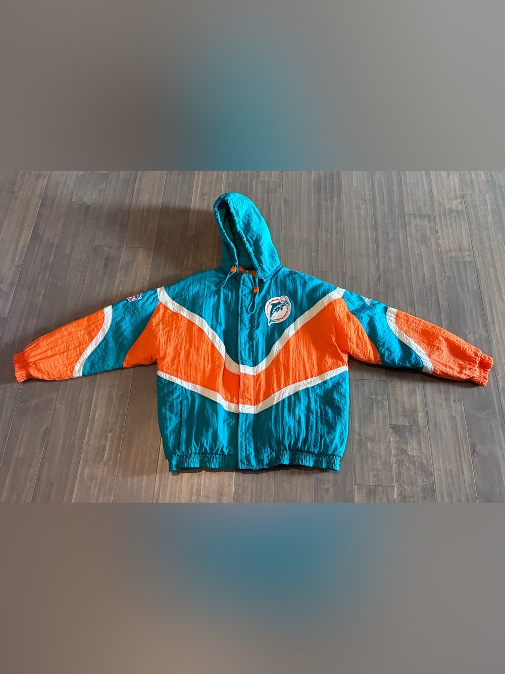 Vintage Miami Dolphins Jacket Puffer Large Green Orange Apex One 90s Full Zip Up